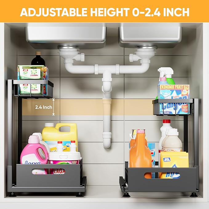 Saydear Under Sink Organizer Storage 2-Tier Premium Metal Pull-Out Kitchen Cabinet Organizer with Sliding Drawer, Height Adjustable, Heavy Duty for Kitchen & Bathroom Organizers 1 Pack Black