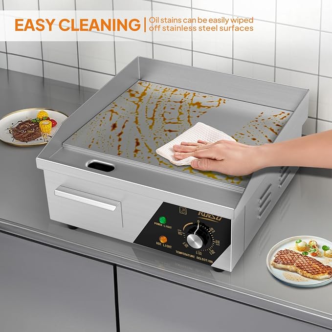 Bonnlo 14 Inch 1500W Commercial Griddle with Stainless Steel Countertop, Flat Griddle, 122-572℉ Adjustable Temp Control of Electric Flat Top Grill for Cheese 、Steak and Egg Indoor and Restaurant