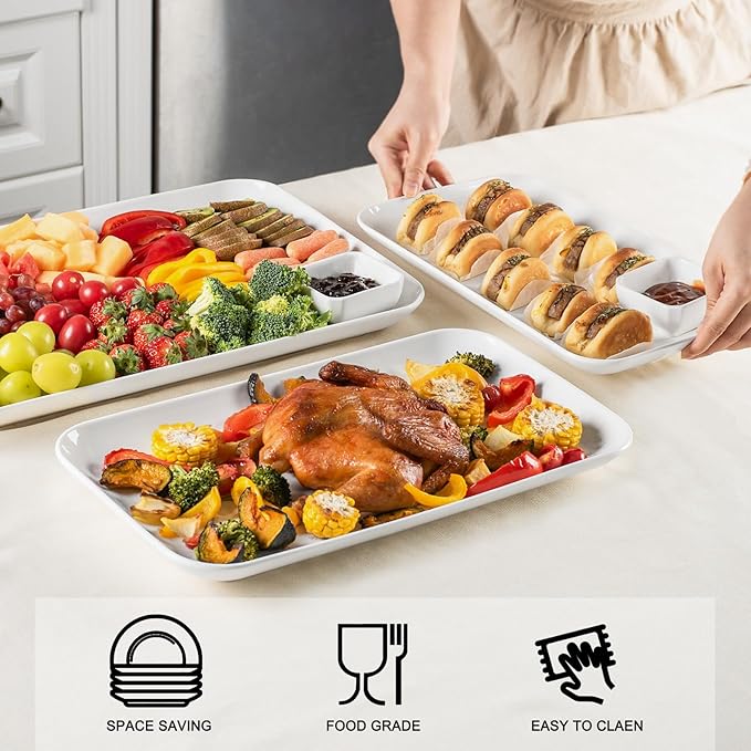DELLING Serving Platter Set 18/16/14 Inch, Large White Porcelain Serving Trays for Entertaining, Rectangular Platters for Turkey Fruit Appetizer Party Wedding, Microwave Oven Dishwasher Safe, 3-Pack