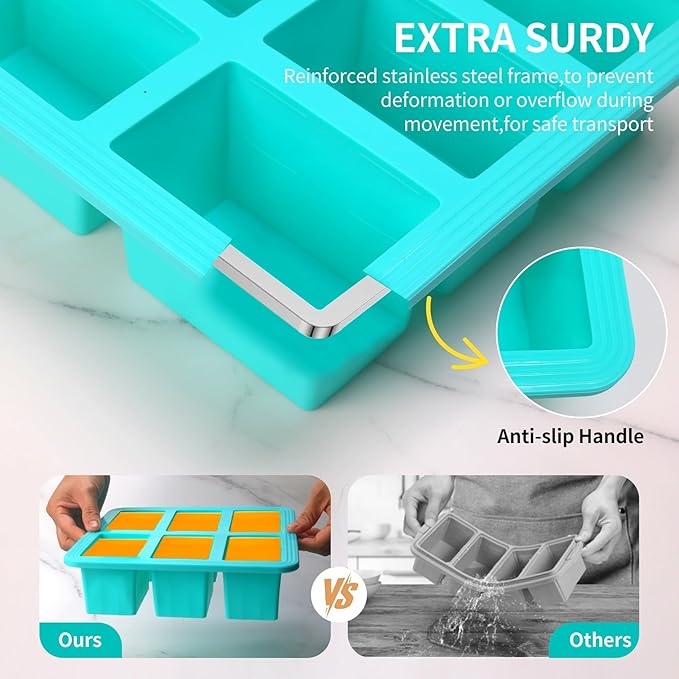Silicone Freezer Tray With Lid - Soup Freezer Container molds - Large Ice Cube Tray- makes 12 perfect 1 cup portions cubes, 2-Pack Freezer Storage Food Soups & Meal Prep (Aqua 2 Pack)