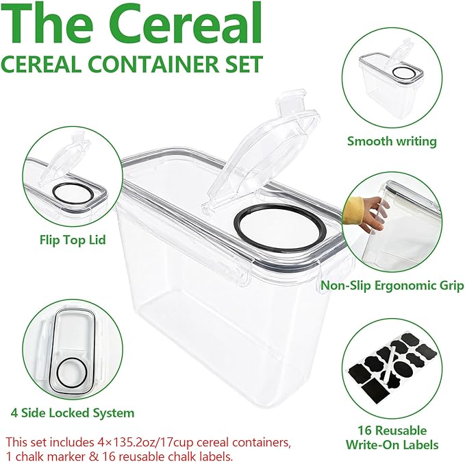 4 Pack 4L/135oz Cereal Storage Containers, Airtight BPA Free Plastic Cereal Dispenser with Lids, Large Dry Food Storage Canister for Pantry, Rice, Flour, Sugar, Pasta