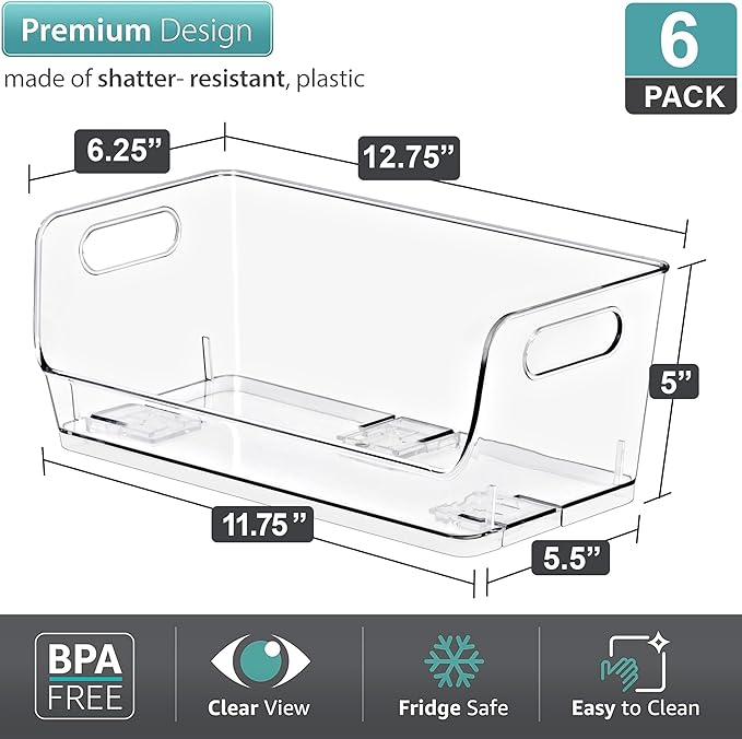 Sorbus Stackable Storage Bins Open Front, Clear Stackable Storage Bins, Pantry Bins for Storage and Organization, Acrylic Stackable Bins for Kitchen, Clear Pantry Organizer Bins (Small Wide 6 Pack)