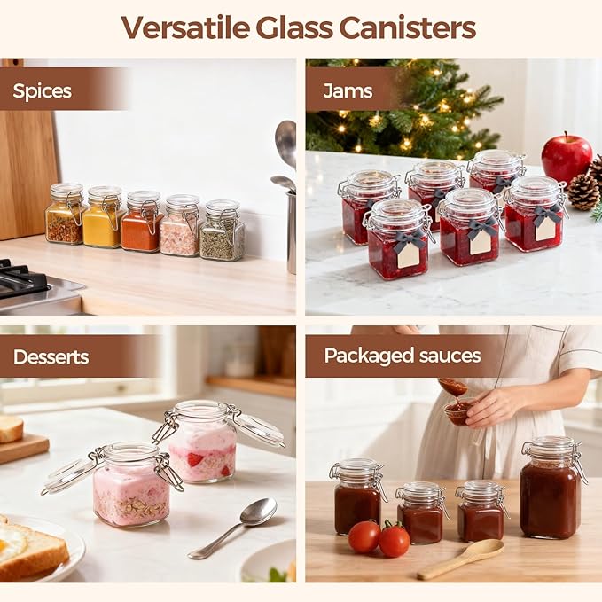 ComSaf Set of 6 Square Glass Spice Jars with Airtight Lids (4 Oz), Mini Favor Jars with Wire Clamp for Honey, Herbs & Farmhouse Kitchen Pantry Organization, with Funnel & Labels