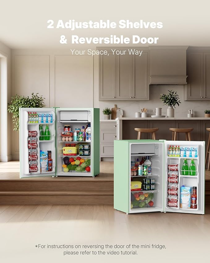 Upstreman 3.2 Cu.Ft Mini Fridge with Freezer, Single Door Mini Fridge, Dorm Fridge, Adjustable Thermostat, Mini Refrigerator for Bedroom, Office, Dorm, Green-BR321