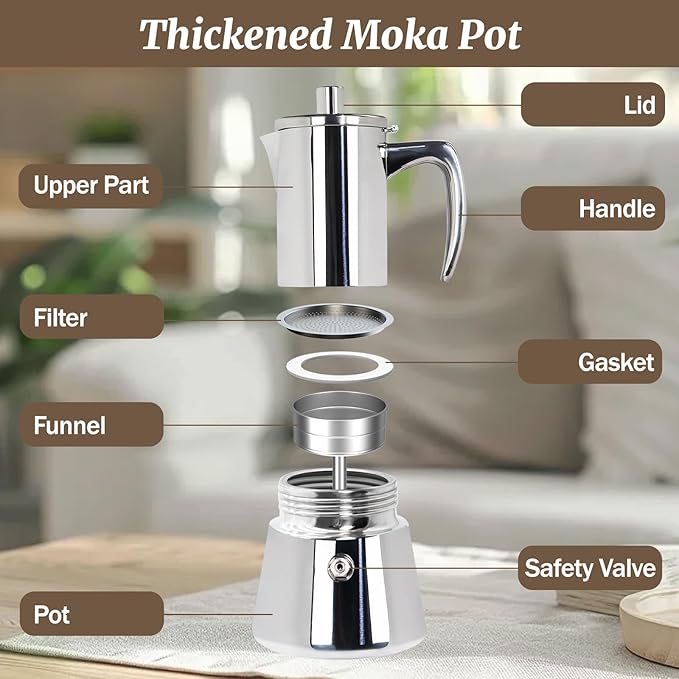 12 Cup Thickened Moka Pot 304 Stainless Steel 600ml Italian Espresso Coffee Maker Stovetop CoffeeMakers Mocha Pot Percolator for Induction Stove Classic Cafe Makers Portable for Easy Brewing