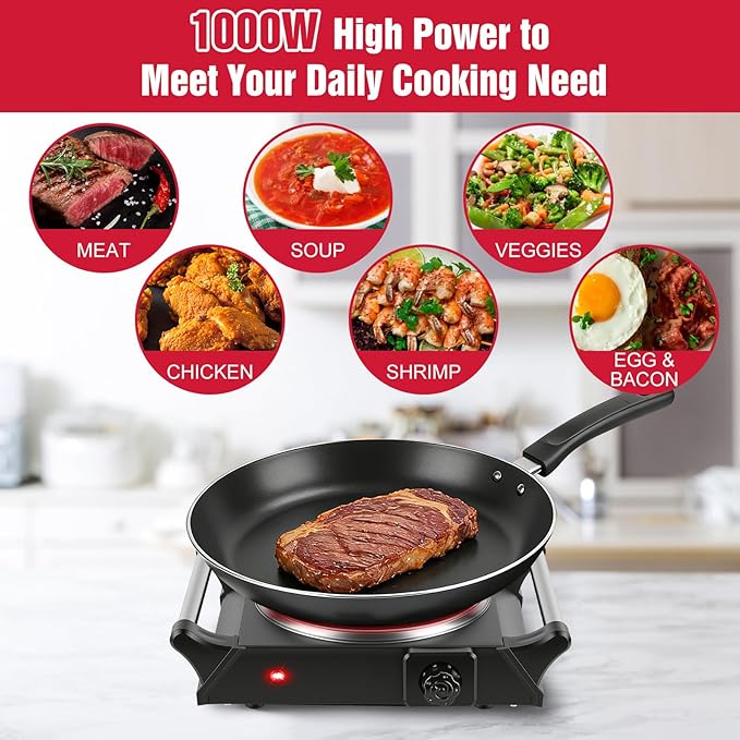 Electric Countertop Single Burner, 1000W Cooktop with Crystal Glass Hot Plate, 5-Level Stepless Temperature Control, Stay Cool Handles, Easy to Clean, Compatible Cooking Stove for Office Home RV