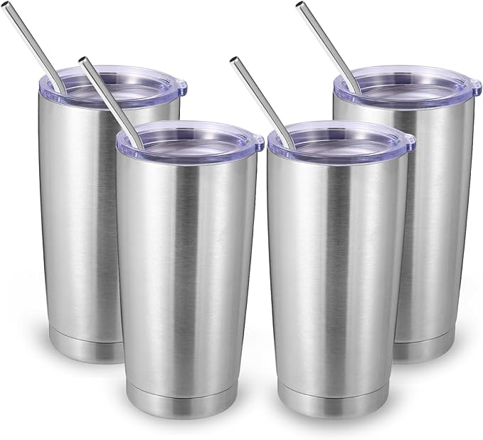 Volhoply 20oz Stainless Steel Tumbler with Lid and Straw Bulk 4 Pack,Double Wall Insulated Travel Iced Coffee Mug Fits Cup Holder,Powder Coated Cups for Hot/Cold Drinks,Christmas Gifts（Silver,4 Set）