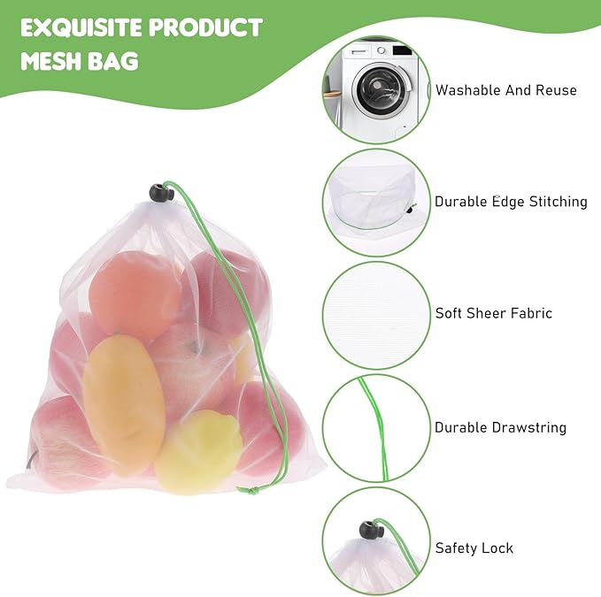 TIESOME 8PCS Reusable Produce Mesh Bags, Washable Vegetable Storage Bags With Drawstring Transparent Toy Organizer Bags Eco-Friendly Grocery Storage Mesh Bags for Farmers Market Refrigerator Storage