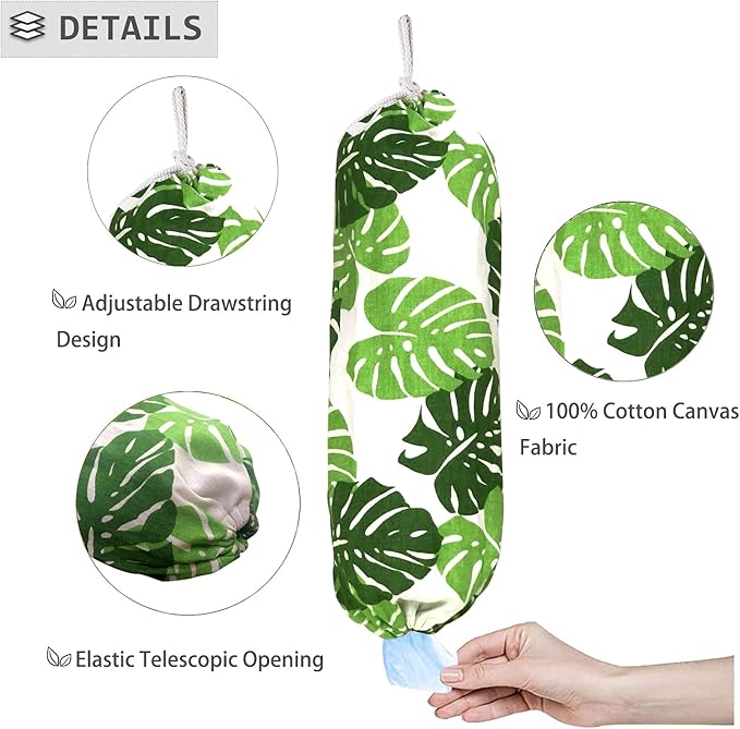 Green Wall Mount Plastic Bag Organizer - Washable Large Grocery Bag Storage Dispenser for Home Kitchen Travelling, Free Adjustment with Drawstring, 22x9