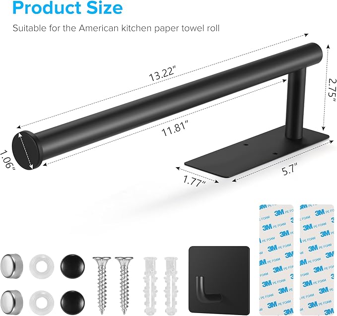 UREZORGEAR 2nd Gen Paper Towel Holder Under Cabinet No Drilling, [More Sturdy] Self Adhesive or Drilling Paper Towel Holder Wall Mount for Kitchen,RV [Fit Mega Paper Towel Roll] SUS304 Stainless Steel