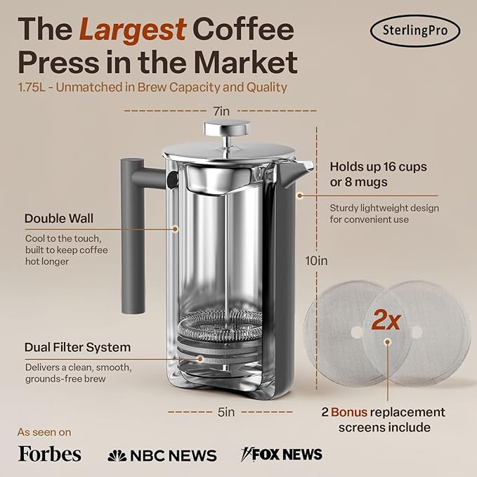 SterlingPro Stainless Steel French Press Coffee Maker 1.75 L (59 oz) Grey – Double Walled Insulated Extra Large French Press, Durable Design Keeps Drinks Hot, Easy to Use and Clean for Rich Flavor