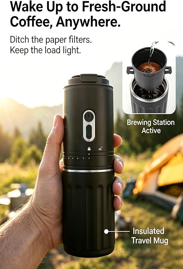 Portable Coffee Maker, Travel Coffee Maker, Portable Battery Pour Over Set, Rechargeable Coffee Maker with Electric Grinder & Insulated Mug for Travel, Camping, Car