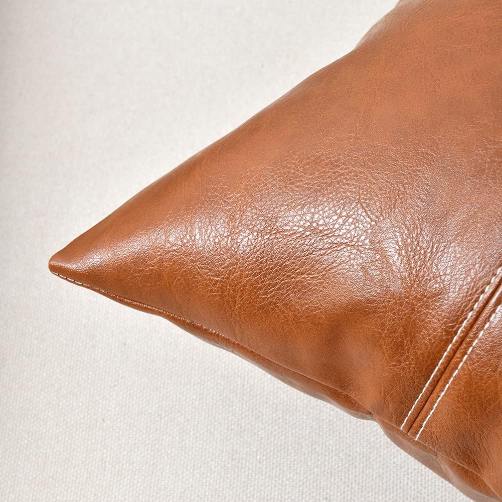 Fancy Homi Brown Boho Faux Leather Decorative Throw Pillow Covers 16x16 Inch for Living Room Couch Bed, Hand Stitched Accent Square Cushion Case 40x40 cm, Luxury Modern Farmhouse Home Decor