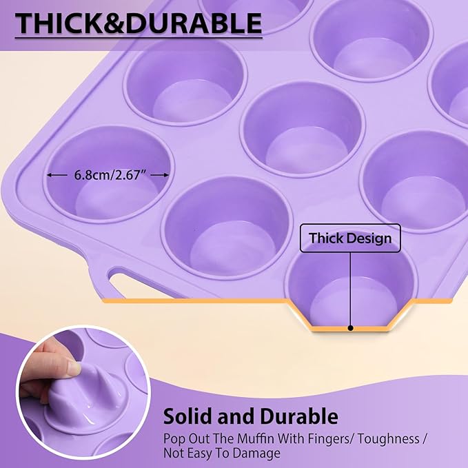 2 Pack Silicone Muffin Pan 12 and 24 Cup with Metal Frame, Non Stick Silicone Mini Cupcake Pan with Handles, BPA Free Silicon Regular Muffin Tin Tray Small for baking, egg bites, Mold Purple