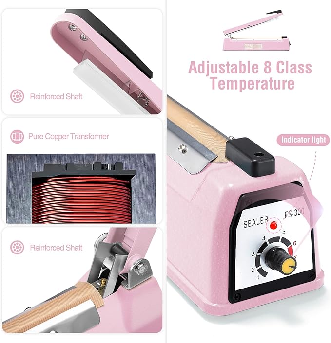 METRONIC Impulse Sealer 16 inch, Manual Heat Sealer Machine for Plastic Bags, Shrink Wrap Bag Sealers Heavy Duty Sealing Machine with Repair Kit (Pink)