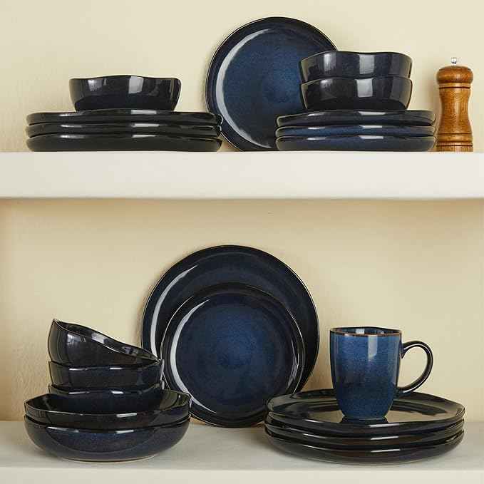 32 Piece Starry Blue Dinnerware Set with Pasta Bowls, Coastal Reactive Glaze Stoneware for 8 | Complete Serving Set for Holiday Meals, Multi‑Dish Hosting & Family Celebrations
