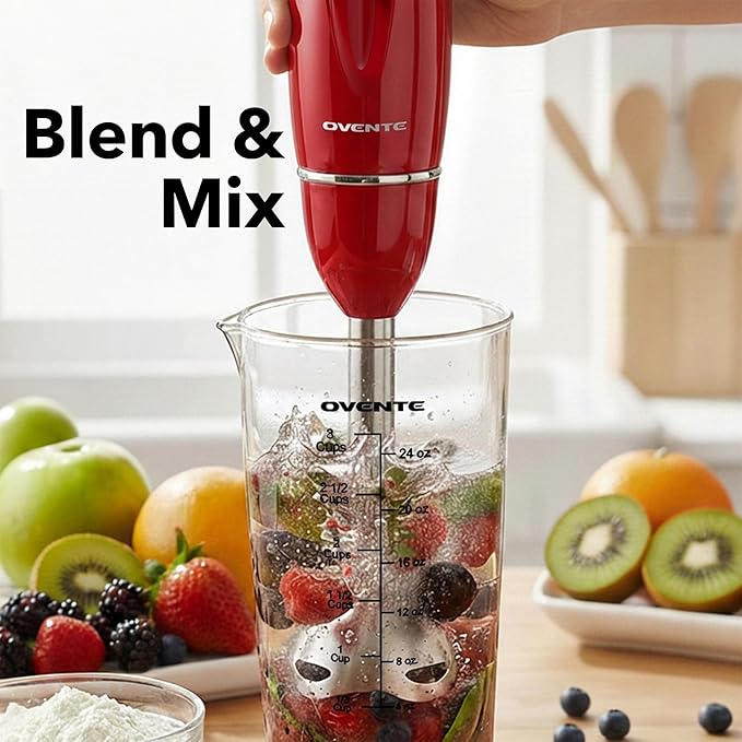 OVENTE Immersion Hand Blender Set, 300W Electric Handheld Stick Mixer, 2 Mixing Speeds with Stainless Steel Blades, Egg Whisk, Beaker & BPA-Free Food Chopper, Red HS565R