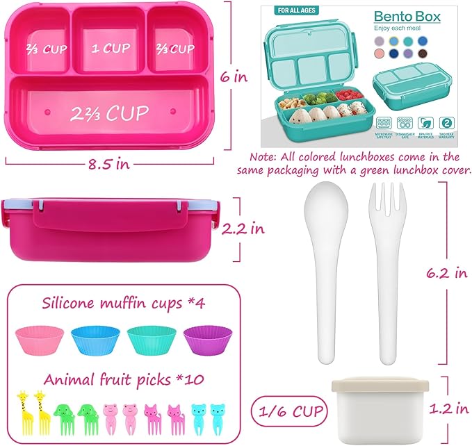 QQKO Bento Box for Kids Adults, School Toddler Lunch Box for Boys Girls, Lunch Box Containers with 4 Compartments, Sauce Container, Utensils, Food Picks and Muffin Cups for School, Pink Blue