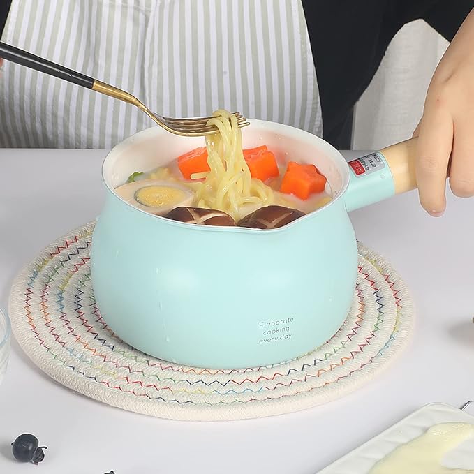 1.2L beige small milk pot with lid cute wooden handle household non-stick pan hot milk baby baby food supplement pot noodle soup pot(size: 5.1 inches long x 3.5 inches high)
