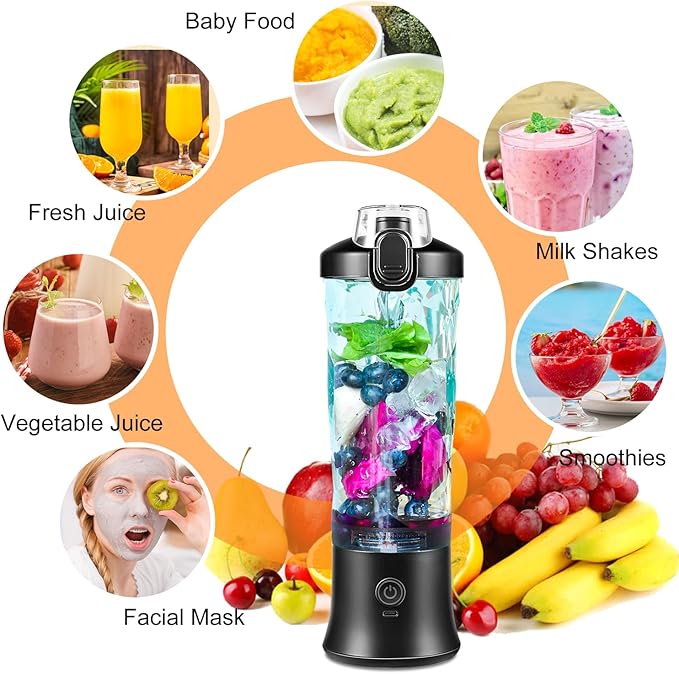 Portable Blender,Personal Size Blender for Shakes and Smoothies with 6 Blades,20 Oz Mini fresh juicer Blender Cup USB rechargeable with Travel Lid for Home,Office & Gym (Diamond Black)
