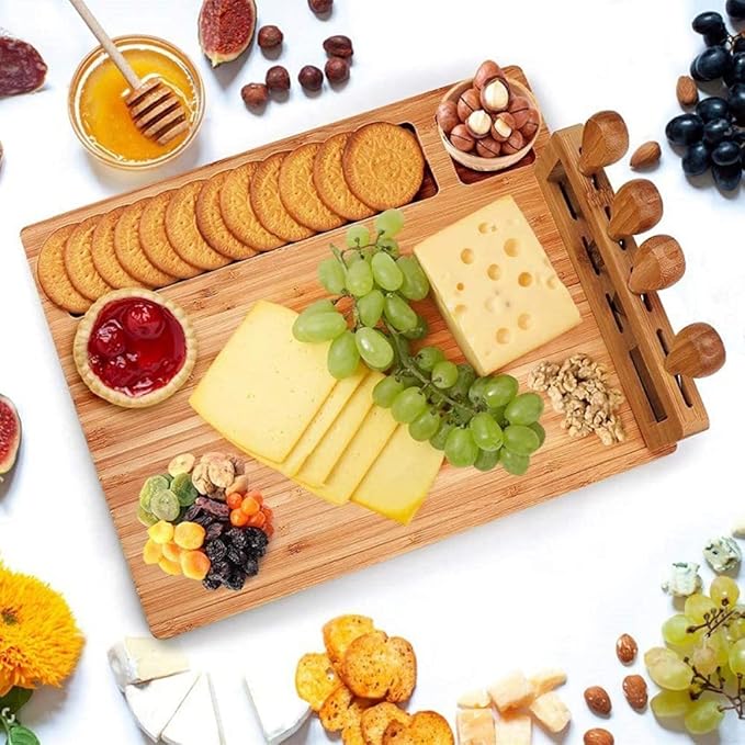 Grafken Bamboo Cheese Board Set, Wooden Cheese Board Set, Charcuterie Plate, and Serving Meat Board, Cutting Board, Suitable for Fruits, Biscuits, Bread (Size : 36 * 29 * 1.5cm)