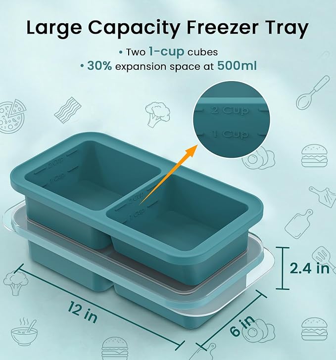 DOQAUS Silicone Freezer Molds, Reinforced Steel Frame 2-Cup Ice Cube Trays with Lid, 2 Pack 2-Cavity BPA-Free Soup Containers for Meal Prep, Kitchen