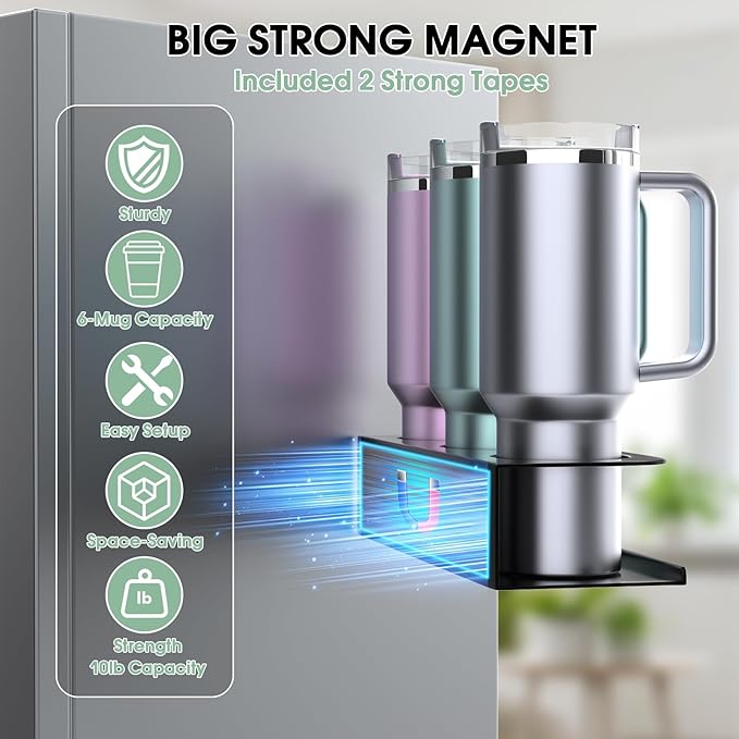 Magnetic Cup Holder for Refrigerator, Water Bottle Organizer for Stanley and Tumbler, Accessory with Lid Hook Straw Holder and Double Sided Tape for Kitchen Fridge Cabinet