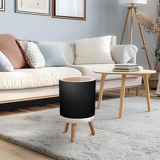 Trash Can with Lid elegant black old chalkboard texture distressed grunge borders soft Press Top Round Small Garbage Bin with Wooden Legs Waste Basket for Kitchen Bedroom Nursery 7L/1.8 Gallon