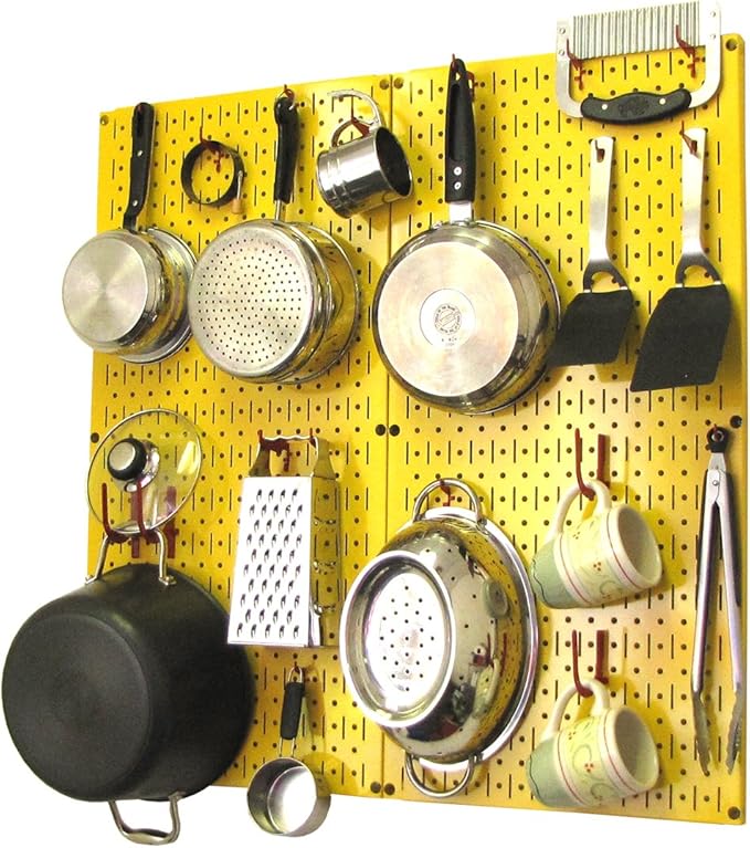 Wall Control Kitchen Pegboard Organizer Pots and Pans Storage Rack Organization Kit with Yellow Pegboard and Red Accessories