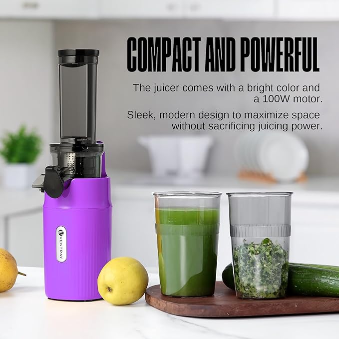 Ventray Ginnie Mini Cold Press Juicer, Small Slow Masticating Juicer for Vegetables and Fruits, High Juice Yield, Easy to Clean, Space-Saving, Fit for Personal/Travel/Picnic/Office - Purple