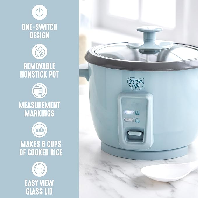 GreenLife Rice Cooker with Removable PFAS-Free Ceramic Nonstick Pot, 3-Cups Uncooked/6-Cups Cooked, Grains & Oatmeal Multicooker, Compact One-Switch Design, Auto Keep Warm, Easy Clean, Blue Haze