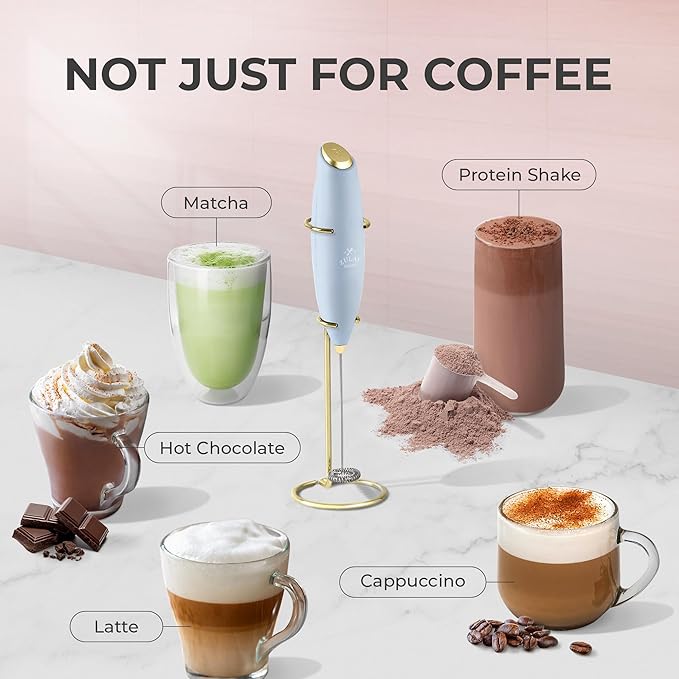 Zulay Kitchen Powerful Milk Frother Wand With 4 AA Duracell Batteries - Ultra Fast Handheld Drink Mixer - Electric Whisk Foam Maker for Coffee, Lattes, Cappuccino, Matcha & Creamer - Blue & Gold