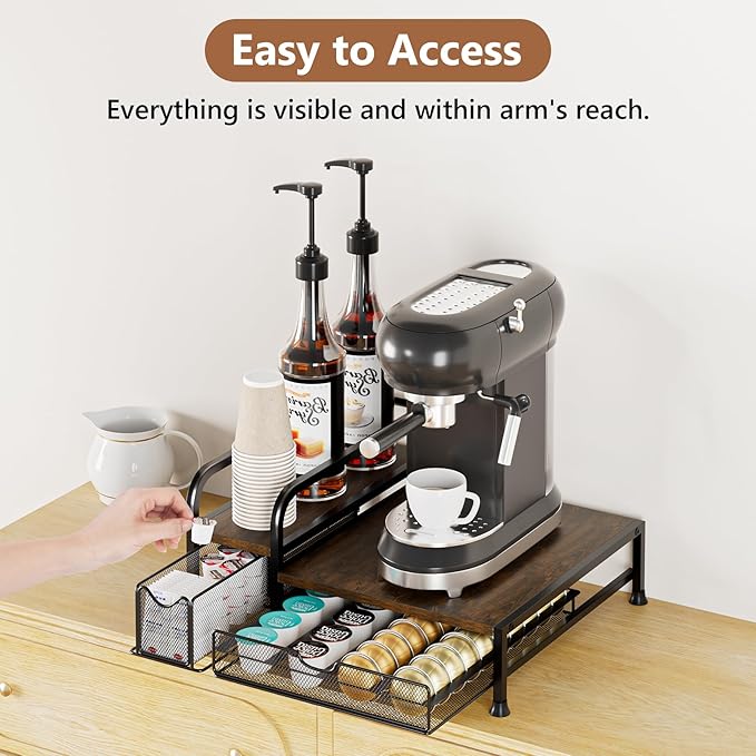 Coffee Bar Organizer with Pod Holder Drawer, 4 Syrup Bottle 40 Pods Capacity for Nespresso, Coffee Station Organizer for Most Single-Serve Brewers, Countertop K Cup Holder for Kitchen Cafe Office