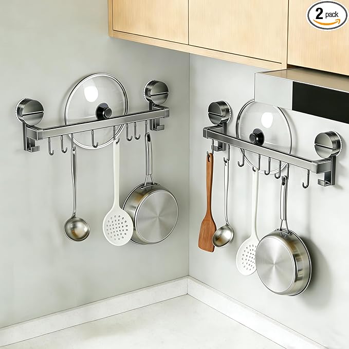 Wall Mounted Utensil Hook Rack with 8 Hooks, No Drill Installation, Space Gray Finish, Kitchen Organizer for Coats, Bags, and Accessories，Suction Cup Storage (2 Pack)