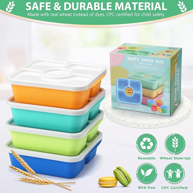 QQKO Bento Snack Box Containers for Adults Kids, 4 Pack Lunchable Meal Prep Containers Reusable, Stackable Bento Lunch Box, Food Storage Prep Containers with 4 Sauce Cups, Jewel Color, White Lid