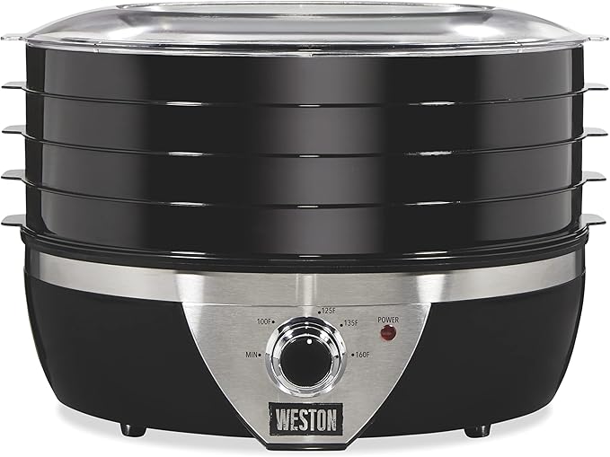 Weston Food Dehydrator Machine for Jerky, Fruit, Meat, Herbs, Vegetables, with Temperature Control (100-160F), 4 Stackable Trays (3 Sq. Ft.), Black & Stainless Steel Accents (75-0640-W)
