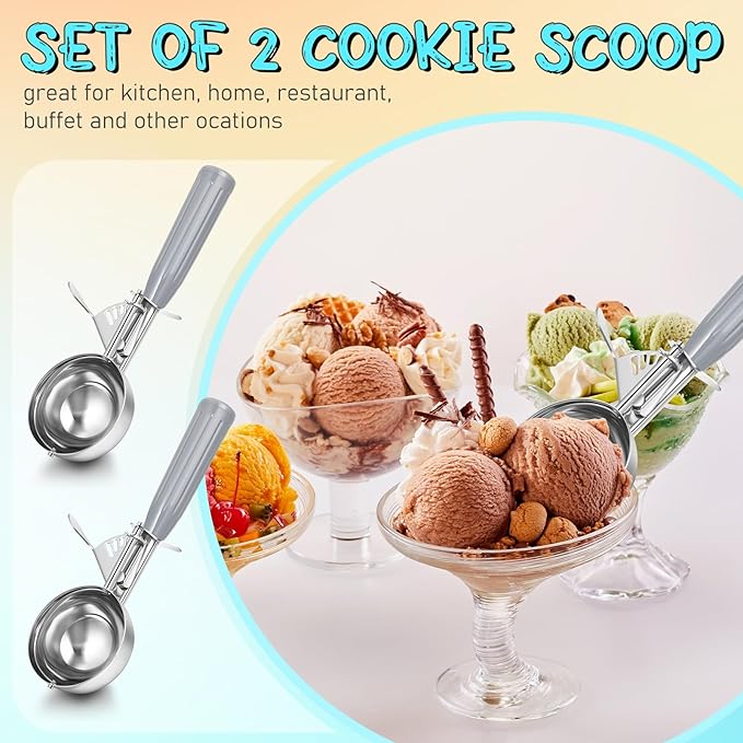 Reallnaive 2 Pcs Release Cookie Scoops Ice Cream Scooper with Trigger Release Portion Scoop Stainless Steel for Portion Control, Baking Food, Cookie Dough (4 oz,Gray)