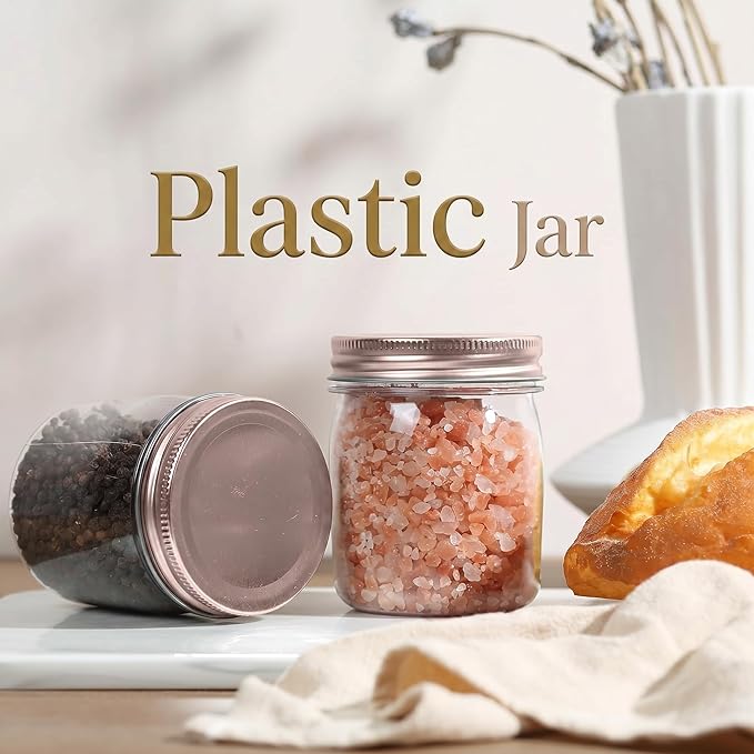 novelinks 8 oz Clear Plastic Jars with Airtight Lids, 32 Pack Plastic Mason Jars with Lids 8oz, Refillable Storage Slime Containers & Small Spice Jar for Kitchen Organization (32 Pack,Rose Gold)