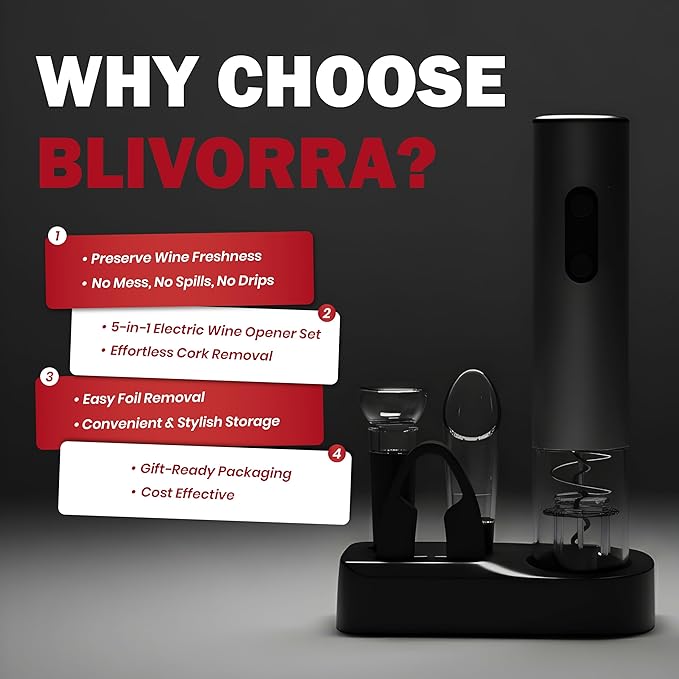 BLIVORRA-Electric Wine Opener Set – 5-in-1 Battery Operated Corkscrew with Foil Cutter, Wine Pourer, Stopper & Storage Stand – Great Gift for Wine Lovers (Matte Black)