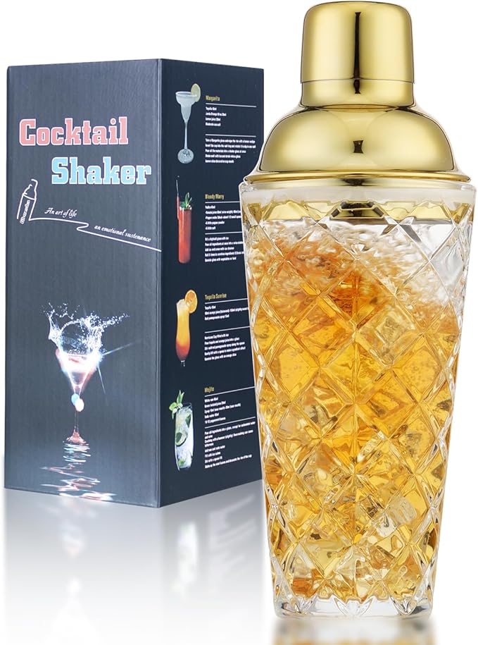Glass Martini Shaker, 14.2 Oz Martini Shaker with Strainer for Home Use & Bar Cart, (Gold)