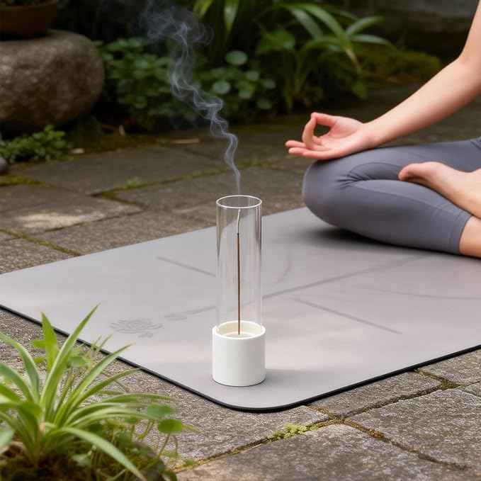 CEREMONY Incense Holder, Ceramic Incense Holder for Sticks with Glass Ash Catcher, Anti-ash Incense Burner with 20 Incense Sticks and a Ash Brush for Meditation Yoga Spa Room Decor (White)