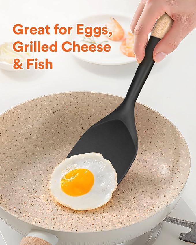 Nonstick Silicone Spatula, Non Scratch Flexible Edge for Pans, Slip Resistant comfortable Wooden Handle, Heat Resistant BPA-Free Kitchen Spatulas for Cooking, 13.2 Inch, BLACK