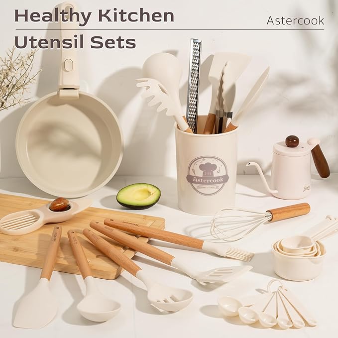 Astercook Kitchen Utensils set, 39 PCS Silicone Cooking Utensils Set with Wooden Handle, 446°F Heat Resistant Food Grade Utensil Sets, BPA Free Kitchen Gadgets Tools Set for Nonstick Cookware (Cream)