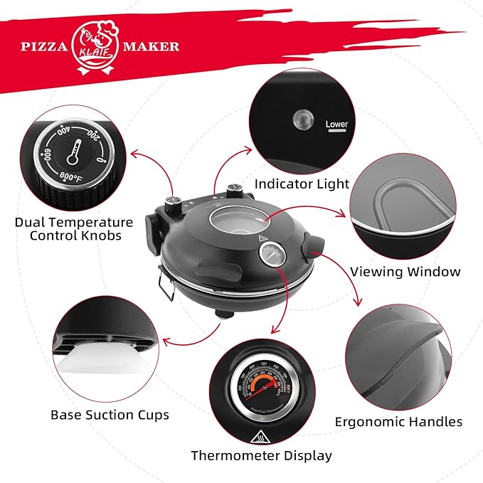 KLAIF 12" Electric Countertop Pizza Oven Indoor With Ceramic Stone, Dual Adjustable Temperature Controls, Includes 4 Pizza Tools, LMR-Black
