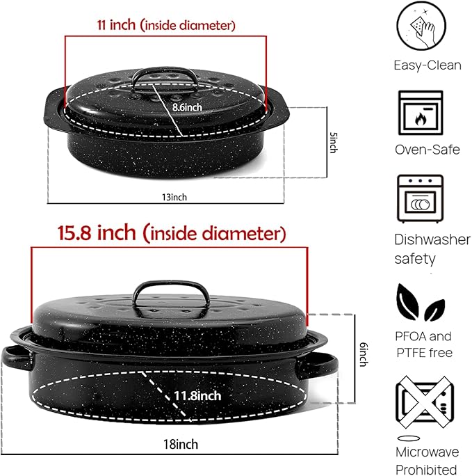 Enamel Roasting Pan With Lid and Rack 13" 18"Granite Roaster Pans Set With Rack Suitable Cooking Poultry Baking Turkey Bread Beef High Temperature Resistance,Dishwasher Safe,Holiday Gifts CookWare