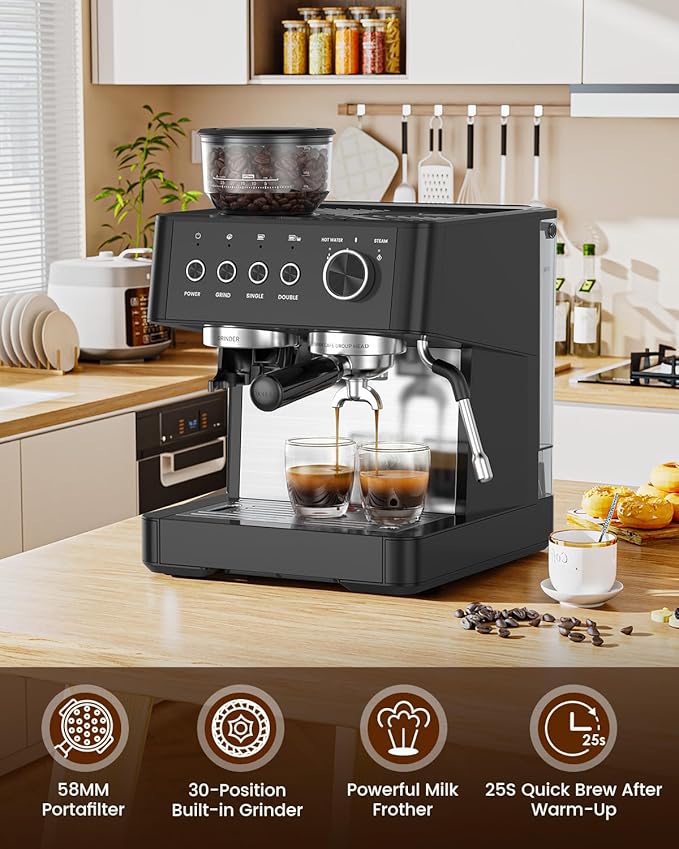 (2026 Upgrade) Espresso Machine with Grinder, Expresso Coffee Machines with Built-in Anti-Clog Coffee Grinder/Milk Steam Wand/Frother, Expresso Machines for Home Perfect Cappuccino & Latte-Matte Black