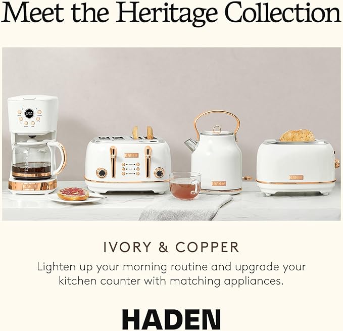 Haden Heritage 2 Slice Wide Slot Stainless Steel Toaster with Adjustable Browning Control & Non-Slip Feet, Ivory & Copper