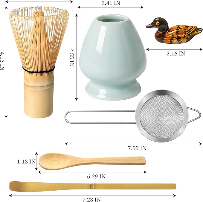 Matcha Whisk Set, Matcha Making Kit Whisk (Chasen Holder), Ceramic Whisk Holder (Light Blue), Bamboo Scoop, Powder Starter Sifter, Spoon Japanese Tea Tools For Ceremony Gift
