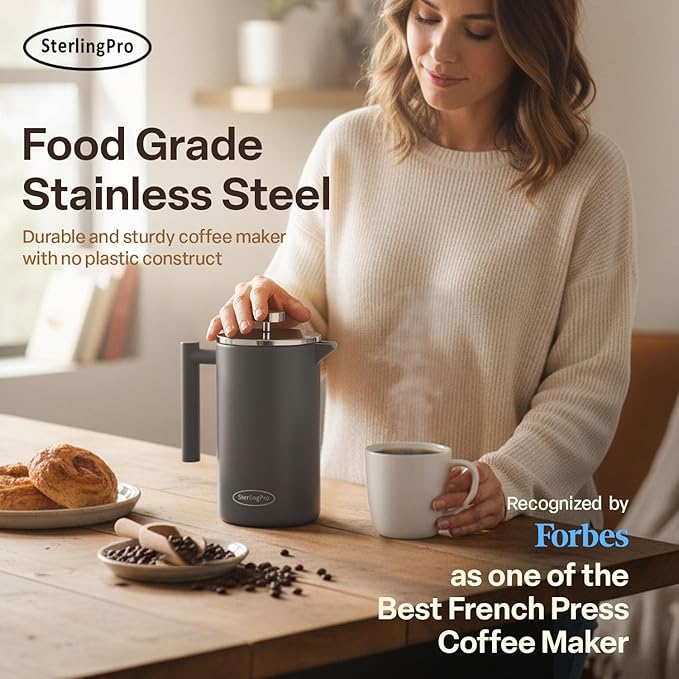 SterlingPro Stainless Steel French Press Coffee Maker 1.75 L (59 oz) Grey – Double Walled Insulated Extra Large French Press, Durable Design Keeps Drinks Hot, Easy to Use and Clean for Rich Flavor