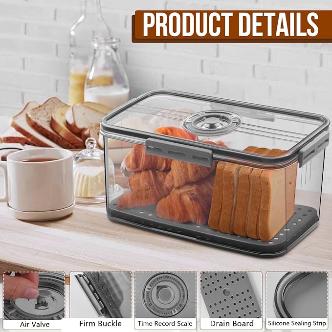 Gifhomfix Bread Box Bread Boxes for Kitchen Counter Airtight, Time Recording Bread Storage Container with Lid, Bread Keeper for Homemade Bread, Toast, Bagel, Donut and Cookies, LARGE Dark Grey